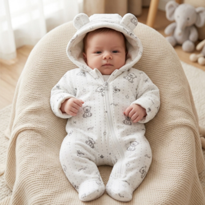 Barboteuse bébé en flanelle avec capuche douce et confortable