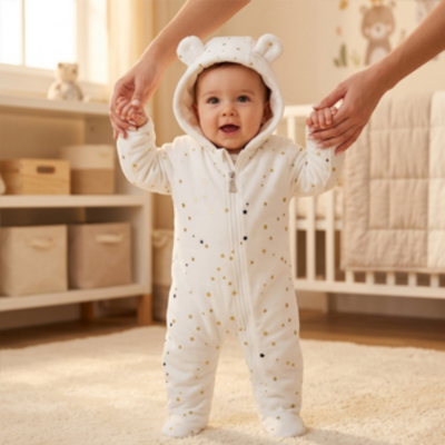 Barboteuse bébé en flanelle avec capuche étoiles