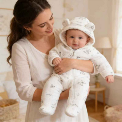 Barboteuse bébé en flanelle avec capuche ourson