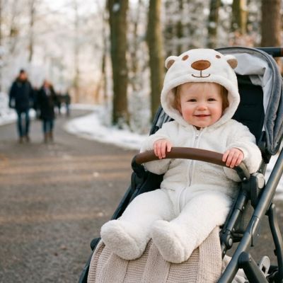 Bébé en barboteuse ours à capuche dans le parc