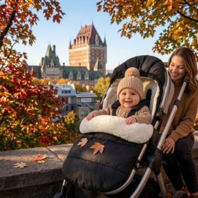 Chancelière poussette hiver doublure sherpa et capuche en parc avec maman