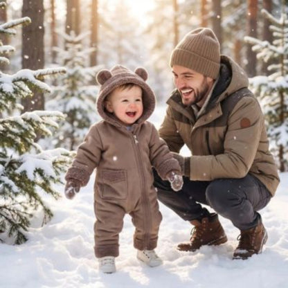 Combinaison hiver bebe en suédine synthétique et laine d'agneau café