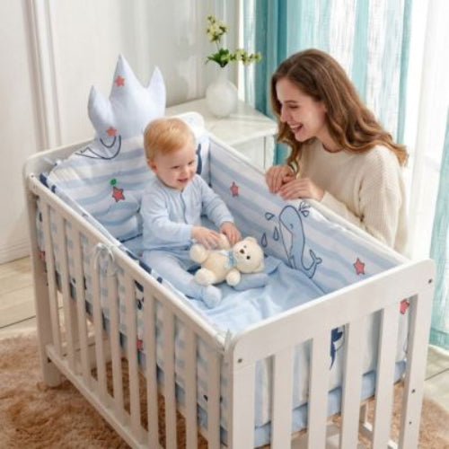 Ensemble de literie bébé pare-chocs 5 pièces en coton bleu
