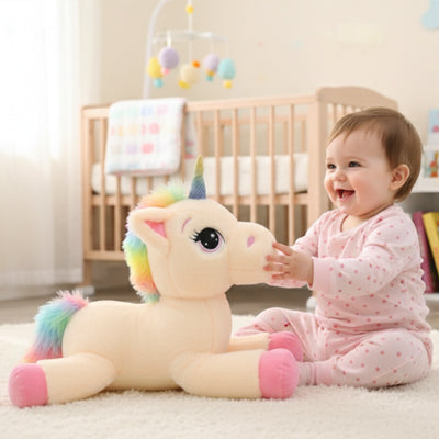 Fillette assise câlinant une peluche licorne