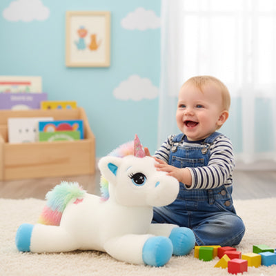 Jeune enfant tenant une peluche licorne douce