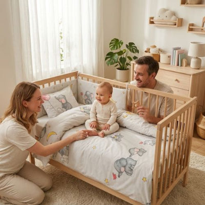 Linge de lit bébé ensemble coton doux  moment de complicité avec les parents