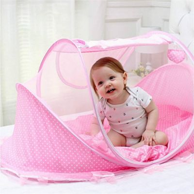 Lit moustiquaire bébé rose avec ouverture zippée