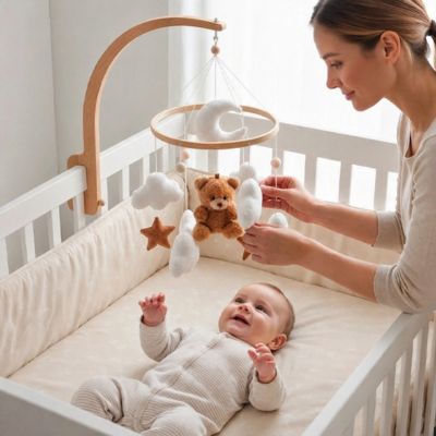 Maman installe le Mobile bebe ourson marron