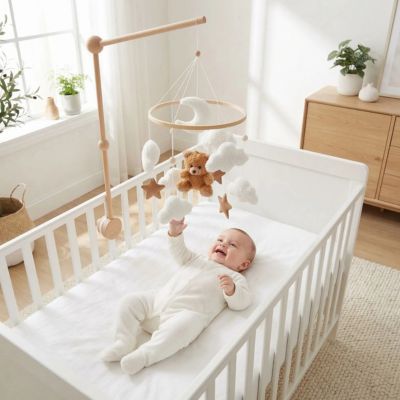 Mobile bebe ourson marron riant et jouant