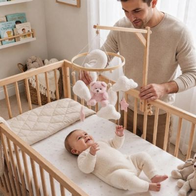 Mobile bebe ourson rose papa regarde son enfant