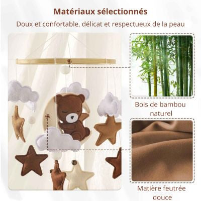 Mobile lit bébé Ourson marron et étoiles matériels naturels