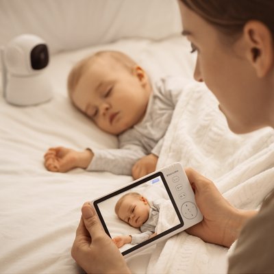 Babyphone camera montrant bébé allongé sur tapis d’éveil