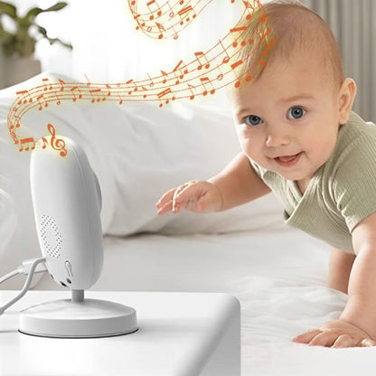 Camera bebe intelligente surveillant un bébé éveillé dans son lit.