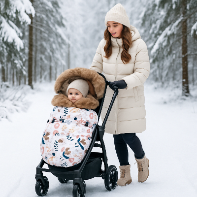 chancelière poussette fleurs roses promenade en hiver