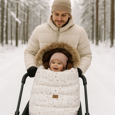 chancelière poussette oursons beige promenade avec son papa