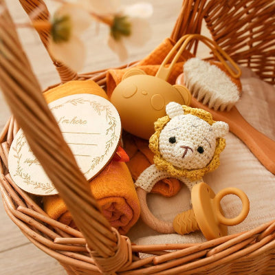 coffret cadeau naissance lion 7 pièces en panier