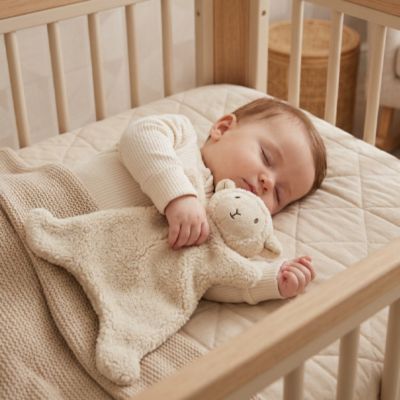 doudou bebe mouton beige avec bébé qui dort