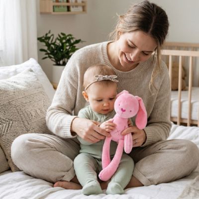 lapin en peluche doux lapinou rose moments doux avec maman