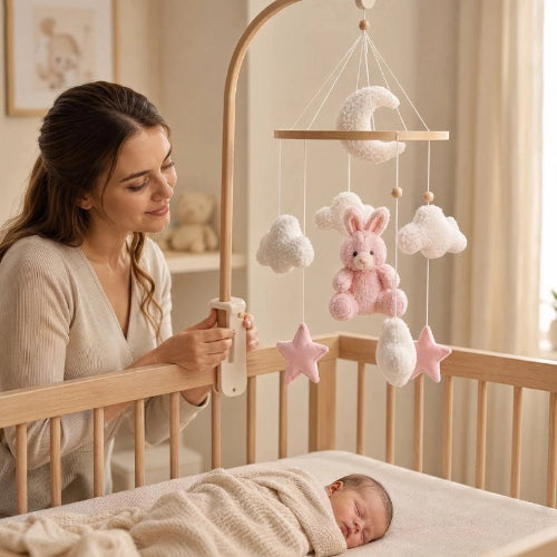 Mobile lit bébé Petit Lapin installé au-dessus d’un berceau