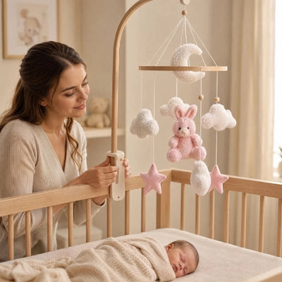 Mobile lit bébé Petit Lapin installé au-dessus d’un berceau