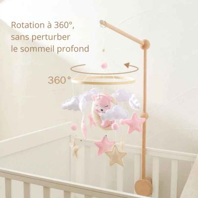 mobile de lit bébé ourson rose feutrine rotation à 360 degrés