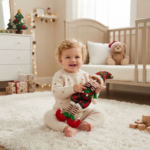 peluche poupée elfe de noël vert avec le petit garçon
